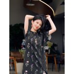 HZHJ孤品福利黑底粉玫复古夏季短袖连衣裙306宽松