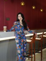 HZHJ设计师款  蓝橙之花长袖连衣裙 高端贵族大牌1556 - 图片 3