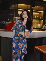 HZHJ设计师款  蓝橙之花长袖连衣裙 高端贵族大牌1556 - 图片 2