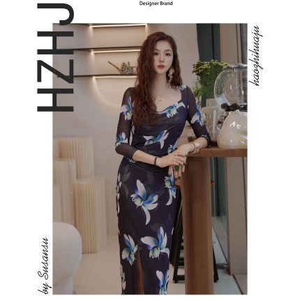 HZHJ新款原创设计师款黑耀兰花连衣裙显白显瘦高级轻奢通勤763