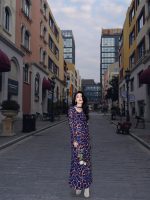 HZHJ设计师款 蓝豹袖连衣裙气质长款轻奢1587 - 图片 2