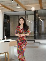 HZHJ设计师款 花仙子 V领长袖连衣裙气质长款轻奢1502 - 图片 3